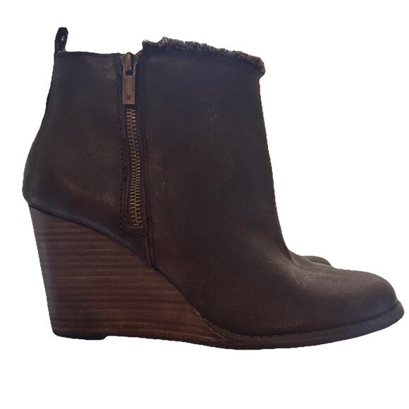 Lucky Brand Women's Leather Fur Lined Boot SZ 8-9 Very Nice! Brown Wedge - Picture 1 of 6